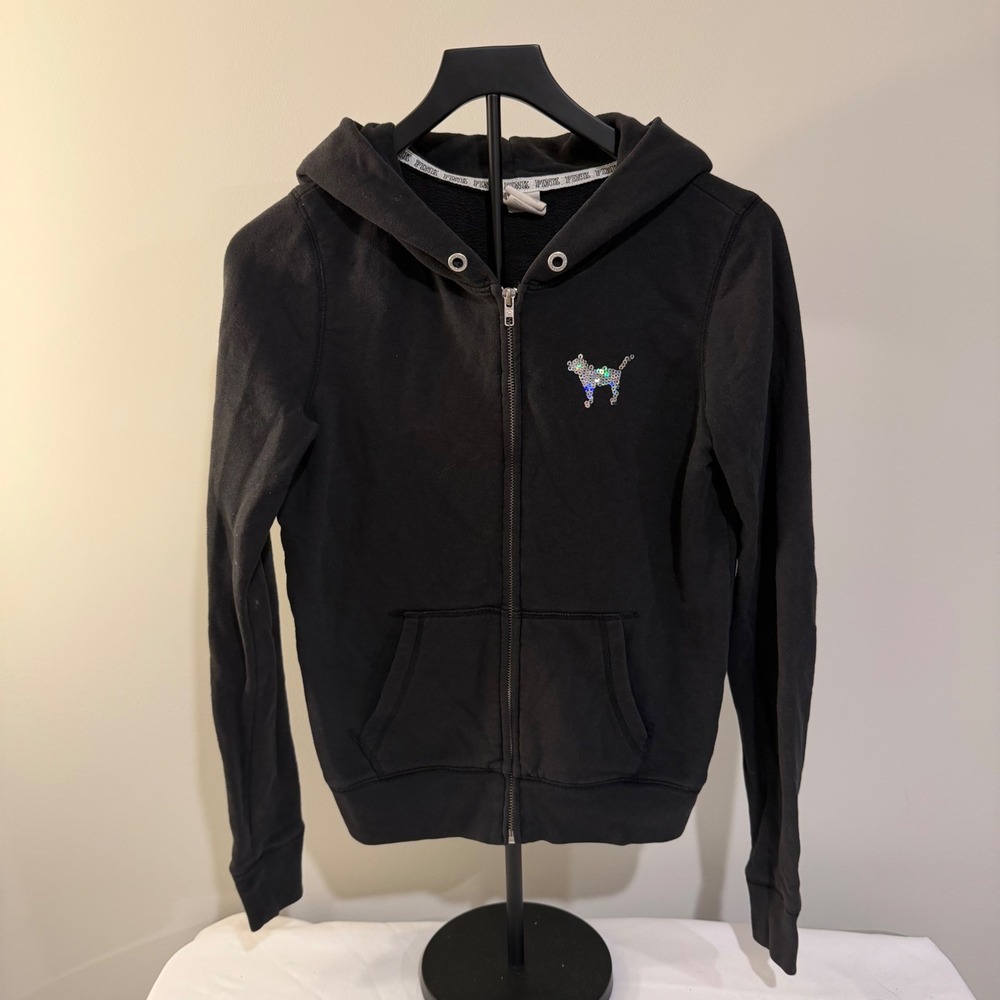 Victorias Secret PINK Black Sequin Full Zip Hoodie Love Pink 86 Logo XS